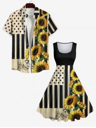 American Flag Piano Sunflower Print Plus Size Matching Set For Couples -  