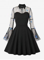 Plus Size Butterfly Appliques Sheer Mesh Patchwork Keyhole Neck Flare Sleeves Vintage Dress -  