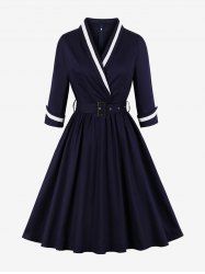 Plus Size Surplice Zipper Back Vintage Dress With Belt -  