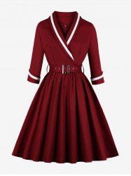 Plus Size Surplice Zipper Back Vintage Dress With Belt -  