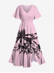 Robe Hawaïen Fendue Cocotier Peinture D'Encre Imprimés avec Poche de Grande Taille - Rose clair S