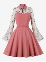 Plus Size Flower Leaf Embroidery Mesh Patchwork Keyhole Neck Vintage Dress -  