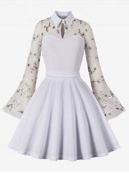 Plus Size Flower Leaf Embroidery Mesh Patchwork Keyhole Neck Vintage Dress -  