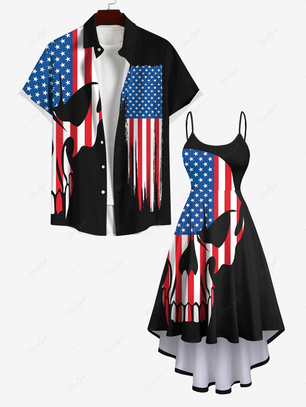 Outfit Patriotic American Flag Skull Print Plus Size Matching Outfit For Couples  