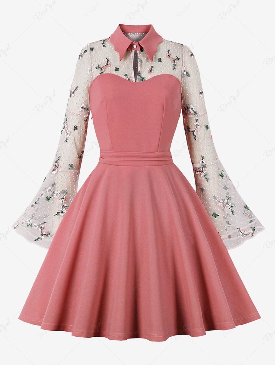 Affordable Plus Size Flower Leaf Embroidery Mesh Patchwork Keyhole Neck Vintage Dress  