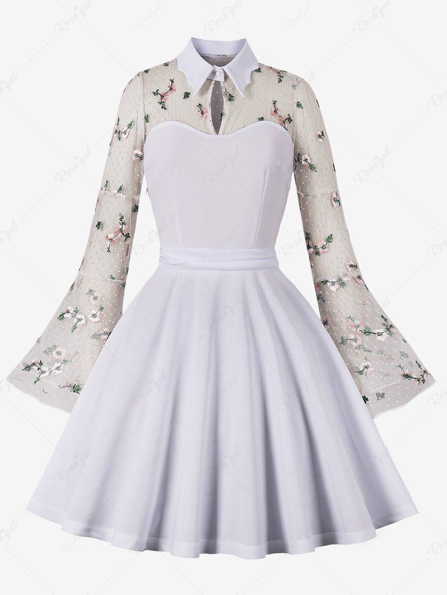 Shop Plus Size Flower Leaf Embroidery Mesh Patchwork Keyhole Neck Vintage Dress  