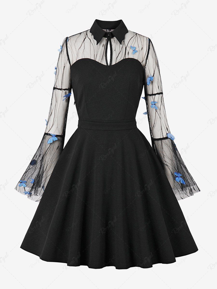 Fashion Plus Size Butterfly Appliques Sheer Mesh Patchwork Keyhole Neck Flare Sleeves Vintage Dress  