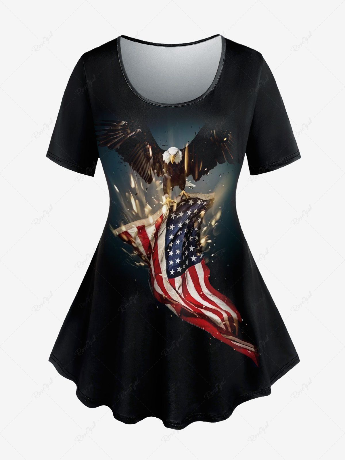 Discount Plus Size Patriotic American Flag Eagle Printed Round Neck T-Shirt  