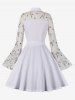 Plus Size Flower Leaf Embroidery Mesh Patchwork Keyhole Neck Vintage Dress -  