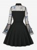 Plus Size Butterfly Appliques Sheer Mesh Patchwork Keyhole Neck Flare Sleeves Vintage Dress -  