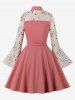 Plus Size Flower Leaf Embroidery Mesh Patchwork Keyhole Neck Vintage Dress -  