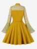 Plus Size Polka Dot Sheer Mesh Patchwork Keyhole Neck Flare Sleeve Vintage Dress -  