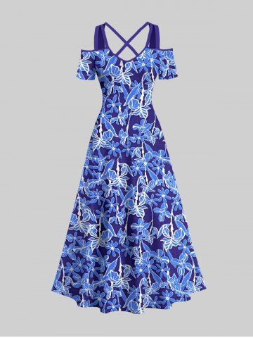 Plus Size Cold Shoulder Flower Leaf Print Hawaii Crisscross A Line Dress - BLUE - 1X