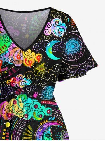 Plus Size Colorful Ombre Moon Star Cloud Galaxy Halo Print Split Pocket A Line Dress