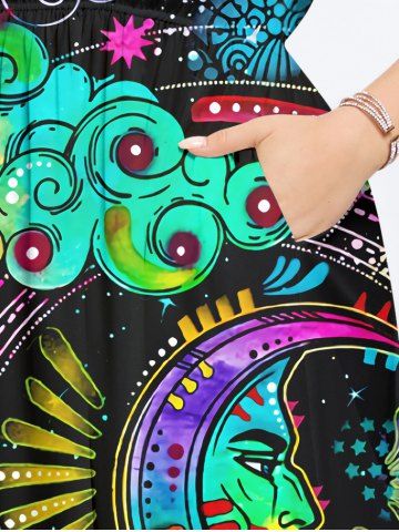 Plus Size Colorful Ombre Moon Star Cloud Galaxy Halo Print Split Pocket A Line Dress