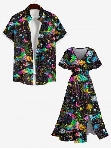 Plus Size Colorful Ombre Moon Star Cloud Galaxy Halo Print Split Pocket A Line Dress
