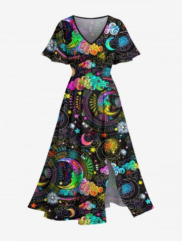 Plus Size Colorful Ombre Moon Star Cloud Galaxy Halo Print Split Pocket A Line Dress - BLACK - M