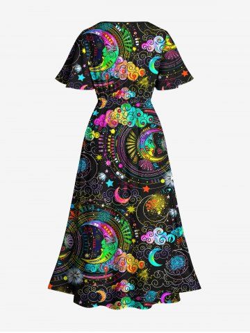 Plus Size Colorful Ombre Moon Star Cloud Galaxy Halo Print Split Pocket A Line Dress
