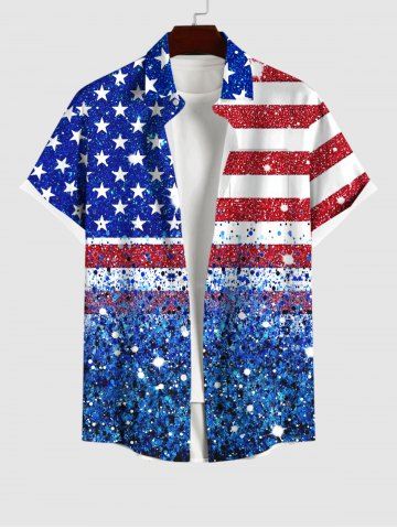 Plus Size Patriotic American Flag Sparkling Sequin 3D Print Buttons Pocket Shirt For Men - MULTI-A - XL