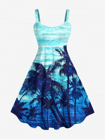 Plus Size Coconut Tree Sea Waves Ombre Print Hawaii Tank Dress - BLUE - L