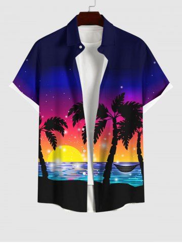 Plus Size Coconut Tree Sunset Ombre Colorblock Print Buttons Pocket Hawaii Shirt For Men - BLACK - L