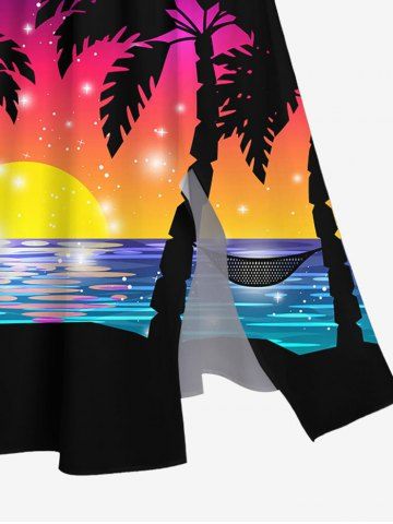 Plus Size Coconut Tree Sunset Ombre Colorblock Print Hawaii Split Dress