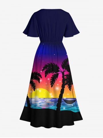 Plus Size Coconut Tree Sunset Ombre Colorblock Print Hawaii Split Dress