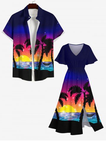 Plus Size Coconut Tree Sunset Ombre Colorblock Print Hawaii Split Dress