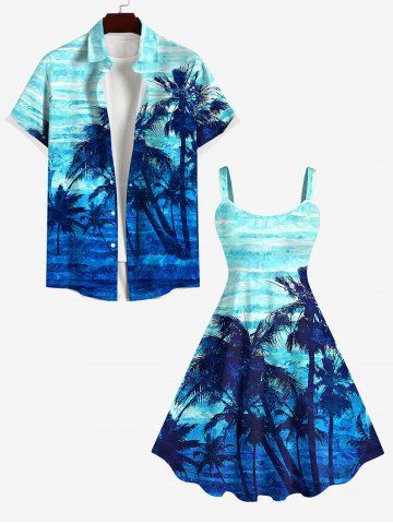 Coconut Tree Sea Waves Ombre Print Plus Size Matching Hawaii Beach Outfit For Couples - BLUE