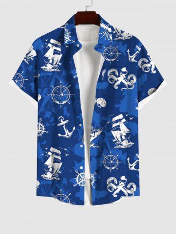 Plus Size Sailboat Compass Anchor Octopus Shell Lobster Colorblock Print Hawaii Button Pocket Shirt For Men - BLUE - S