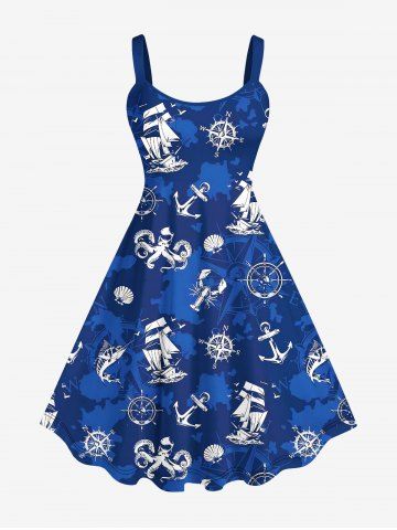 Plus Size Sailboat Compass Anchor Octopus Shell Lobster Colorblock Print Hawaii Backless A Line Tank Dress