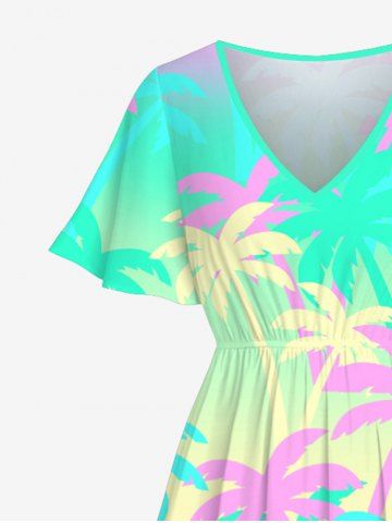 Plus Size Colorful Coconut Tree Ombre Colorblock Print Hawaii Split Dress
