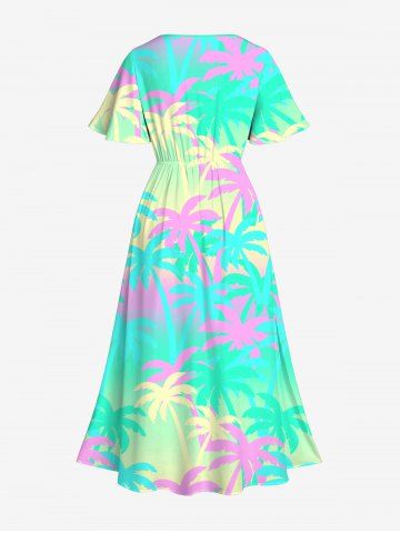 Plus Size Colorful Coconut Tree Ombre Colorblock Print Hawaii Split Dress