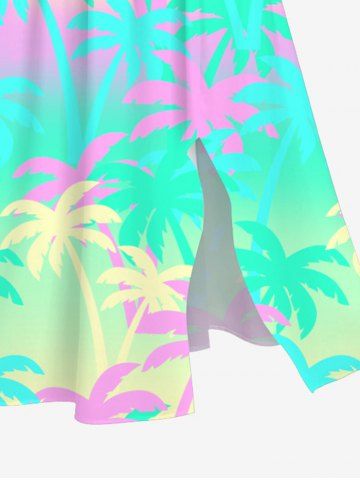 Plus Size Colorful Coconut Tree Ombre Colorblock Print Hawaii Split Dress