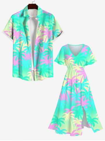 Plus Size Colorful Coconut Tree Ombre Colorblock Print Hawaii Split Dress