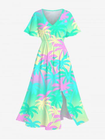 Plus Size Colorful Coconut Tree Ombre Colorblock Print Hawaii Split Dress