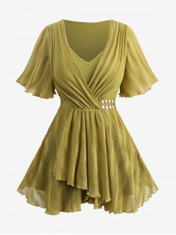 Plus Size Jacquard Ruched Pearl Buckle Surplice Lettuce Hem Ruffles Ribbed Textured Blouse - GREEN - M | US 10