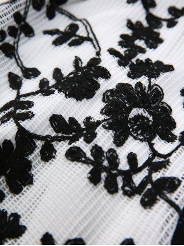 Plus Size Flowers Embroidery Mesh Tassel Lace Trim Crisscross Buckle Panel Top