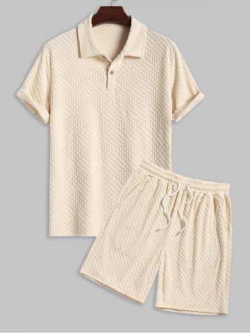 Men's Matching Two Piece Co Ord Terry Cloth Toweling Jacquard Textured Polo Collar Half Buttoned Short Sleeves T-shirt and Shorts Set - LIGHT COFFEE - XXL