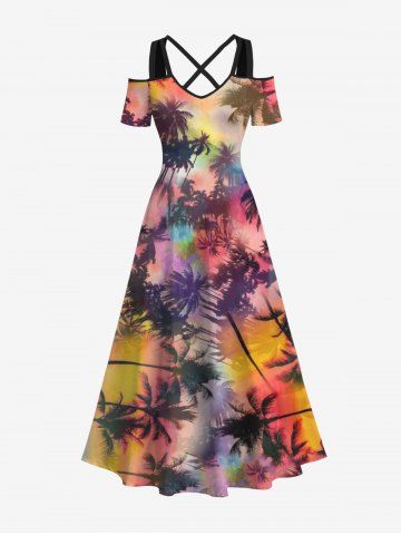 Plus Size Coconut Tree Ombre Printed Cold Shoulder Hawaii Dress - MULTI-A - XS