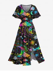 Plus Size Colorful Ombre Moon Star Cloud Galaxy Halo Print Split Pocket A Line Dress -  