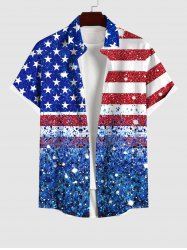 Plus Size Patriotic American Flag Sparkling Sequin 3D Print Buttons Pocket Shirt For Men -  