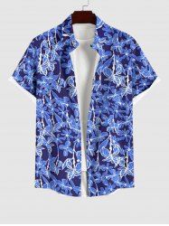 Plus Size Flower Leaf Print Hawaii Button Pocket Shirt For Men -  