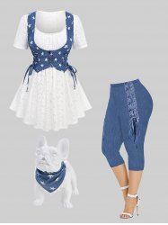 Star Print Lace-up Buttons Lace Trim Hollow Out 2 In 1 Top and Capri Leggings and Pet's Bandana Dog and Owner Matching Outfits -  
