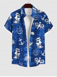 Plus Size Sailboat Compass Anchor Octopus Shell Lobster Colorblock Print Hawaii Button Pocket Shirt For Men -  