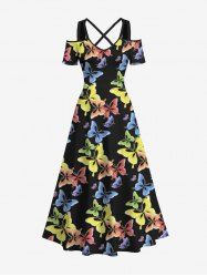 Plus Size Colorful Butterfly Print Crisscross Cold Shoulder Hawaii Dress -  