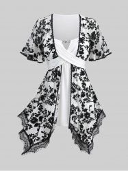 Plus Size Flowers Embroidery Mesh Tassel Lace Trim Crisscross Buckle Panel Top -  
