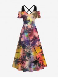 Plus Size Coconut Tree Ombre Printed Cold Shoulder Hawaii Dress -  