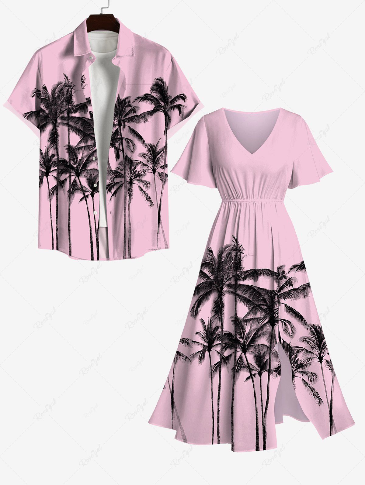 New Ink Painting Coconut Tree Print Plus Size Matching Hawaii Beach Outfit For Couples  