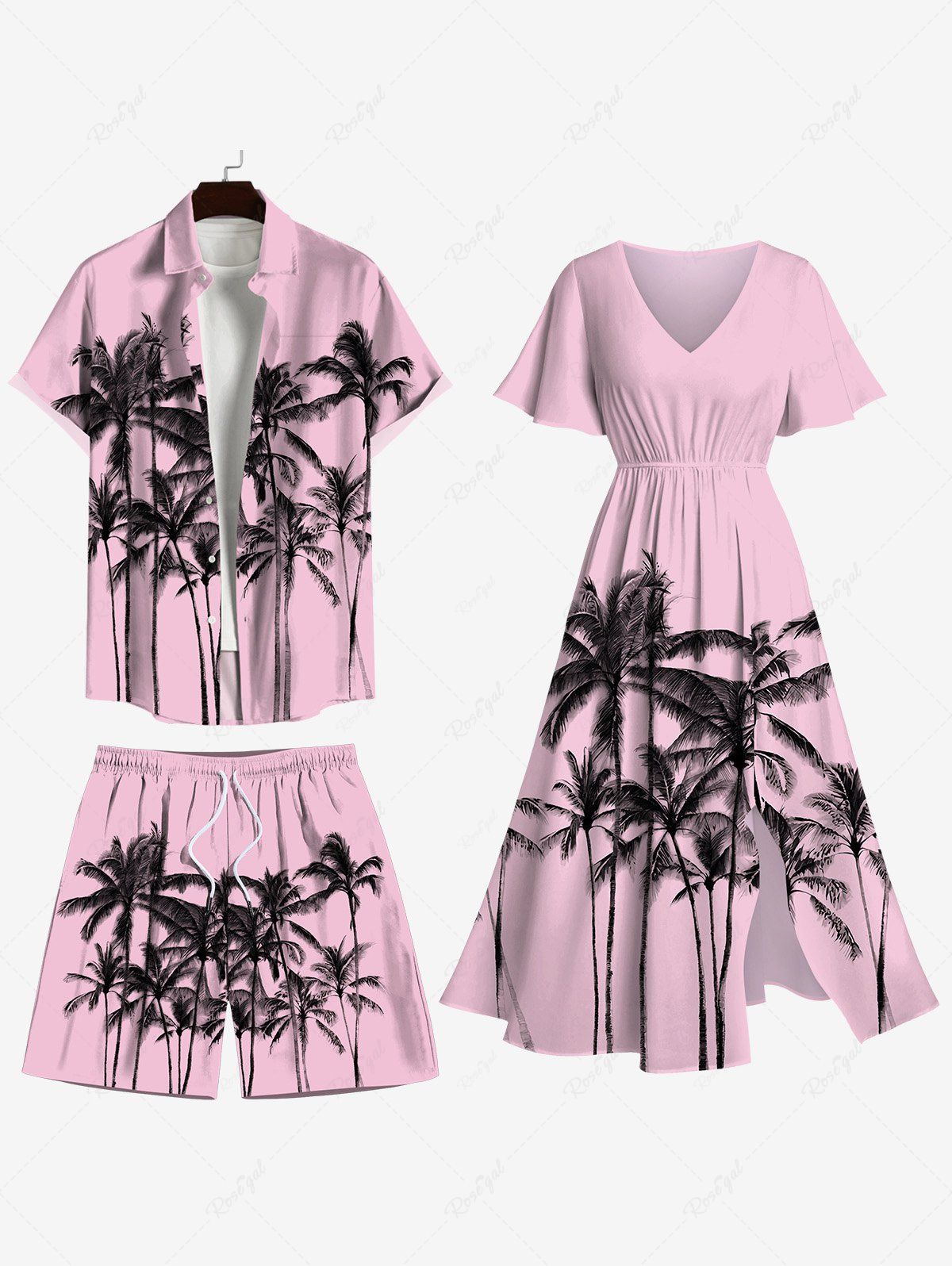 Store Ink Painting Coconut Tree Print Plus Size Matching Hawaii Beach Outfit For Couples  